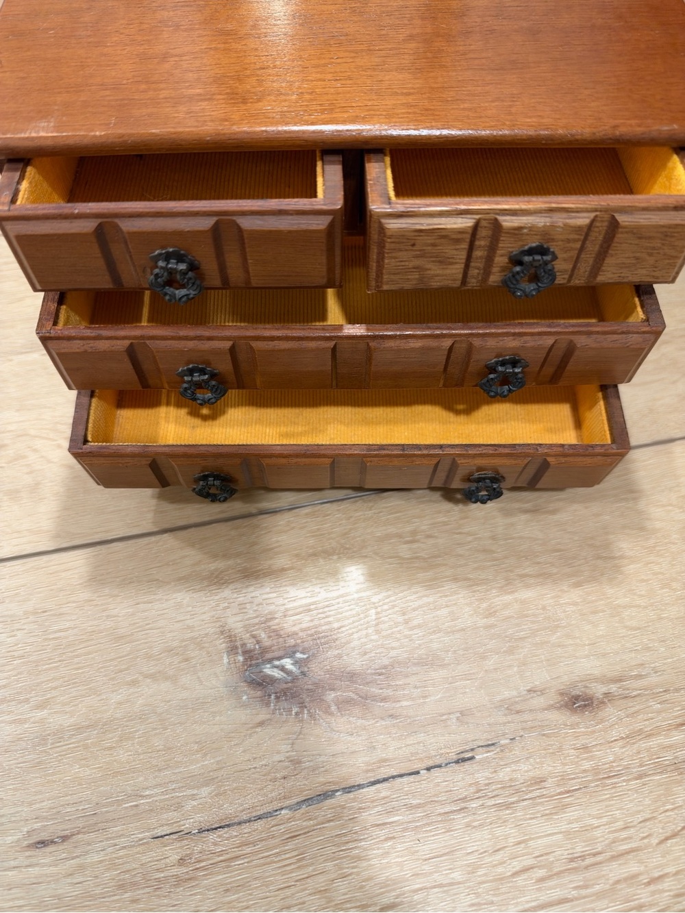 Vintage Wooden Jewelry Organizer with Yellow Lined Drawers